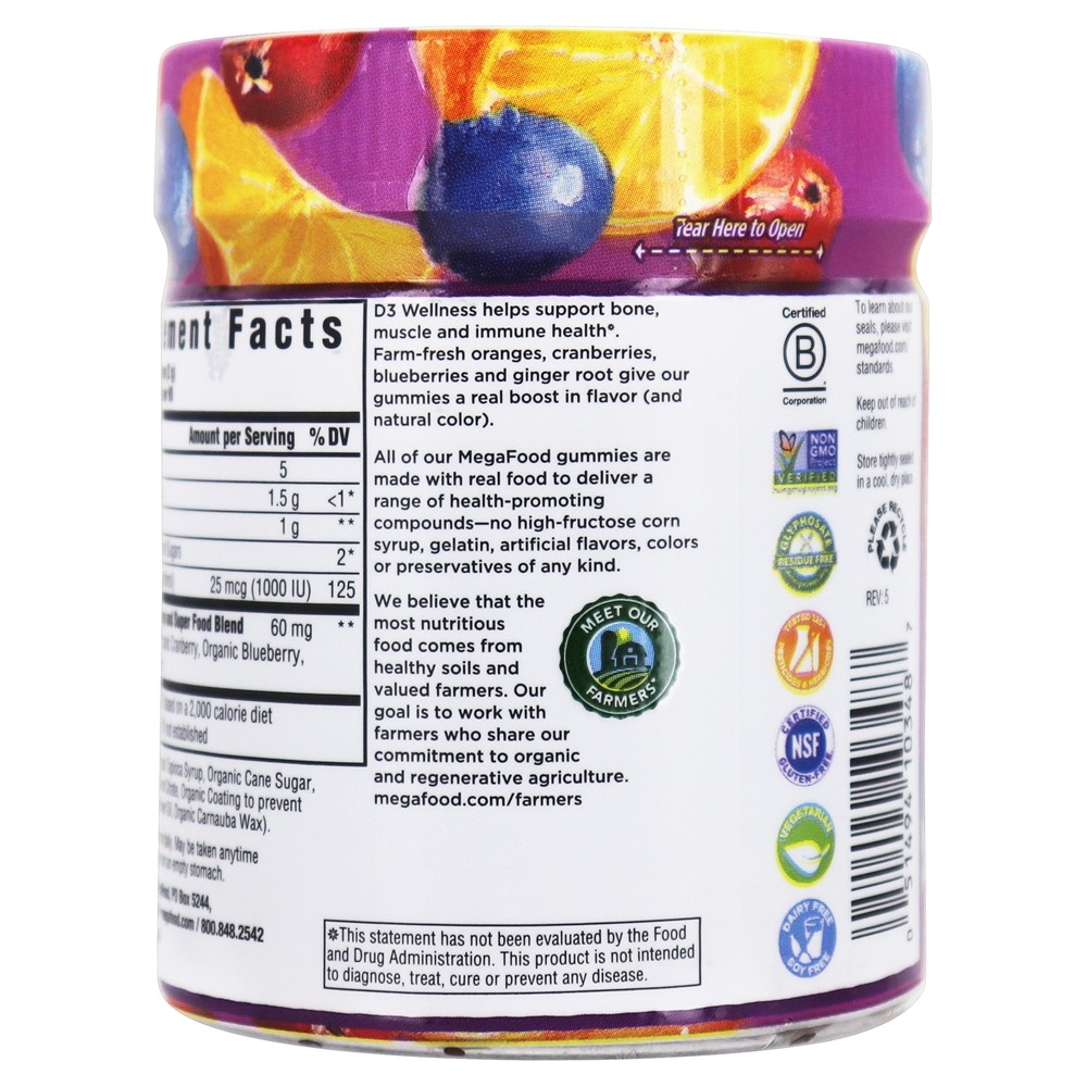 Vitamina D3 Bem-Estar Óssea, Músculo e Imune Health Support Fruta Mista 1000 IU - 90 Gummies MegaFood - Imagem 3