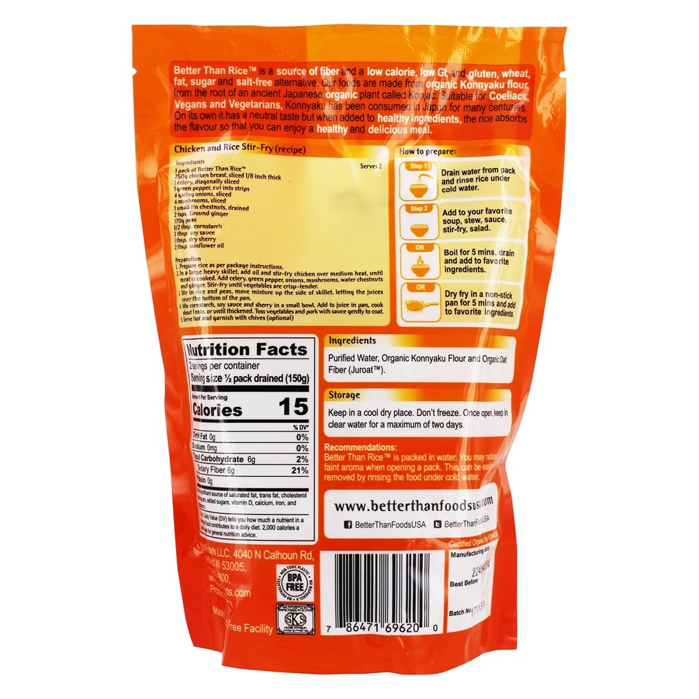 Farinha de Konnyaku orgânica e arroz de fibra de aveia orgânica - 11 oz. Better Than Foods - Imagem 2