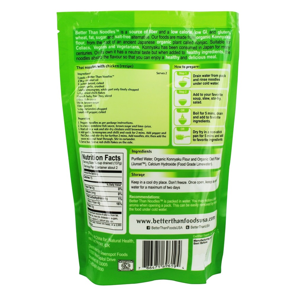 Farinha de Konnyaku orgânica e macarrão orgânico de fibra de aveia - 11 oz. Better Than Foods - Imagem 2