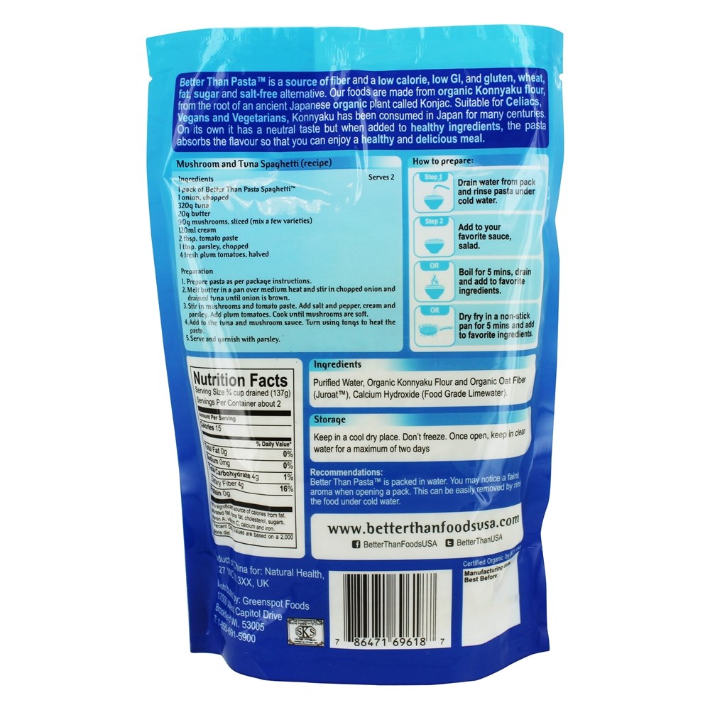 Farinha de Konnyaku orgânica de macarrão espaguete e fibra de aveia orgânica - 14 oz. Better Than Foods - Imagem 2