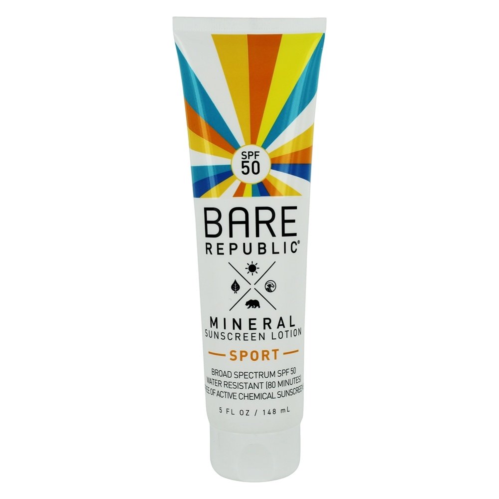 Loção Protetora de Esporte Mineral Largo Spectrum Baunilha de coco 50 SPF - 5 fl. oz. Bare Republic
