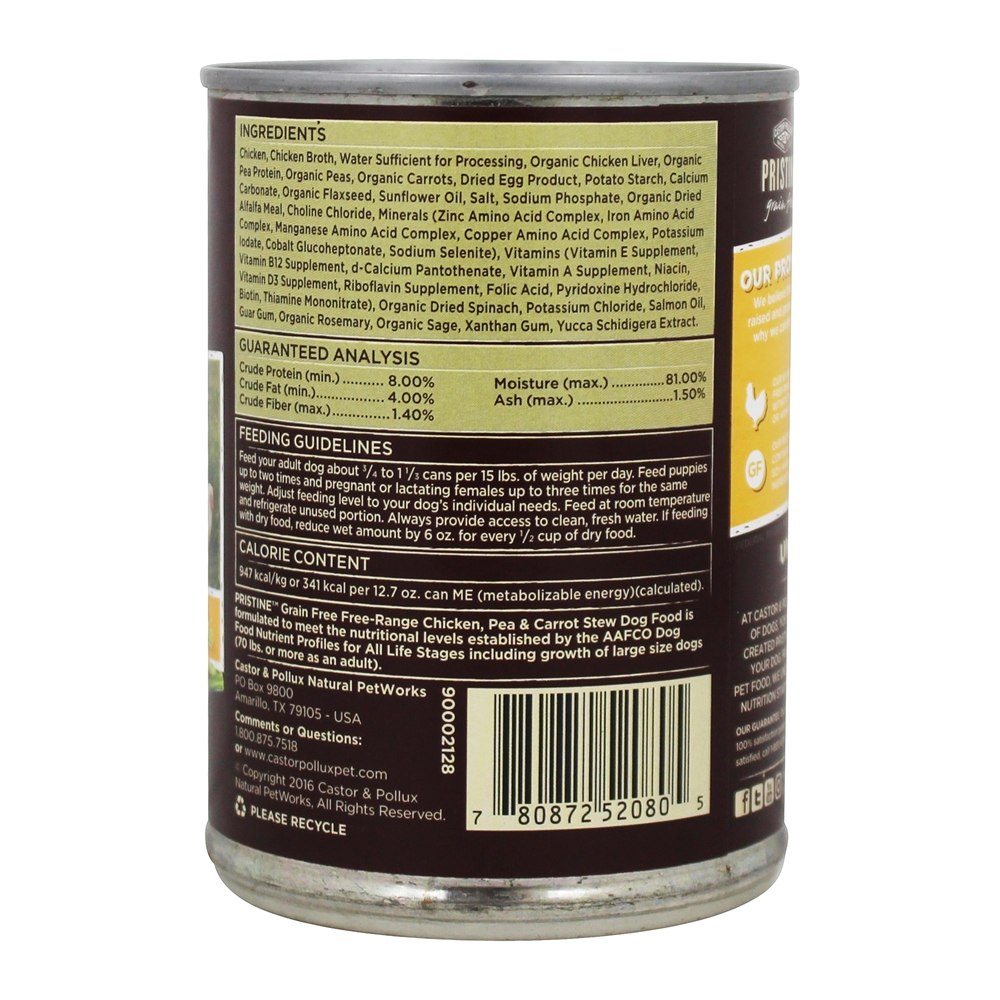 Primitivo Grão Livre Enlatados Cão Comida Livre Alcance Frango, Ervilha & Cenoura Ensopado - 12.7 oz. Castor & Pollux - Imagem 2