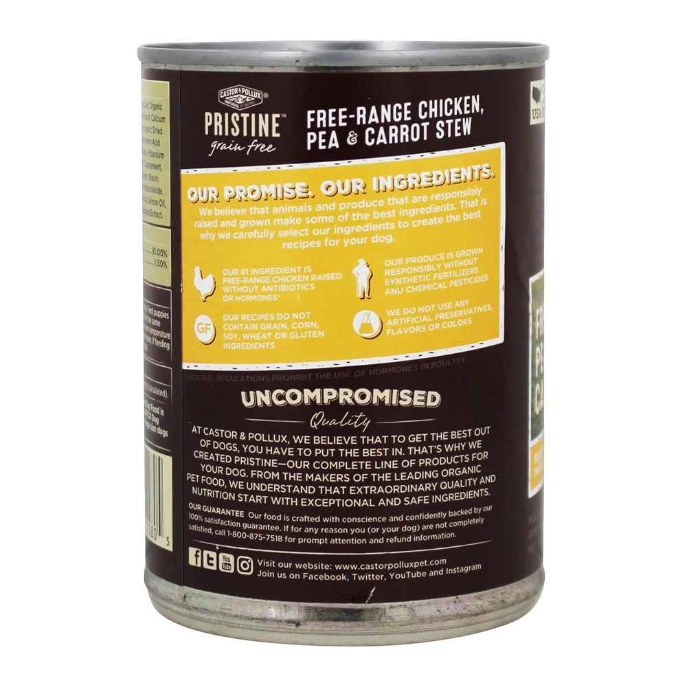 Primitivo Grão Livre Enlatados Cão Comida Livre Alcance Frango, Ervilha & Cenoura Ensopado - 12.7 oz. Castor & Pollux - Imagem 3