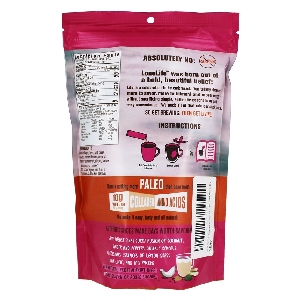 Tudo Natural Paleo Beef osso caldo de carne em pó Thai Curry - 10 Pacote (s) de Bastão LonoLife - Imagem 2