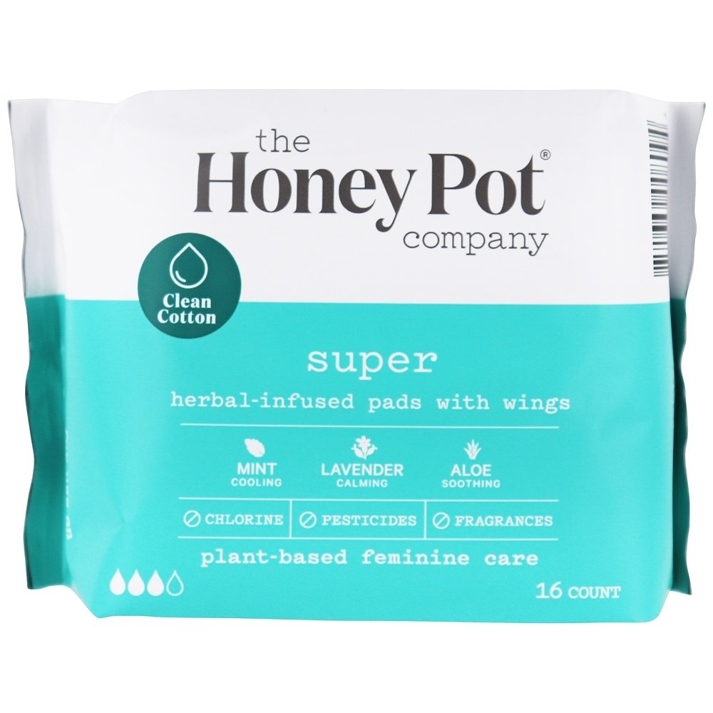 Almofadas Menstruais Herbal-Infused com Asas Super - 16 Almofadas The Honey Pot Company