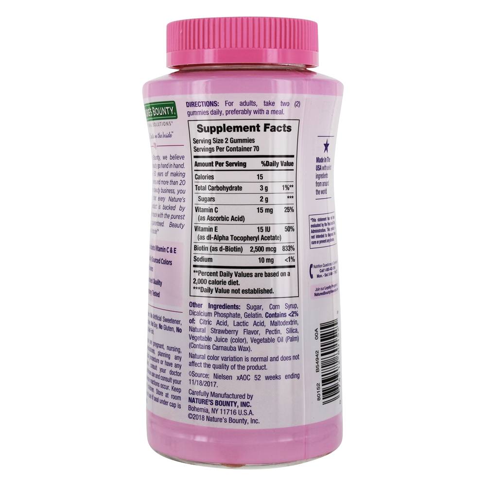 Soluções ótimas para cabelo, pele e unhas Gummies Morango 2500 mcg. - 140 Gummies Nature's Bounty - Imagem 2