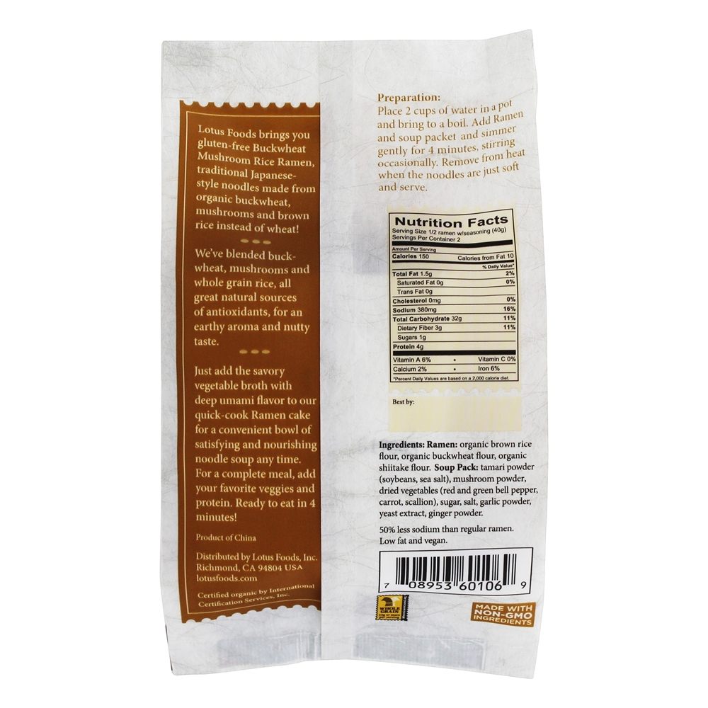 Ramen de arroz orgânico com cogumelo de trigo mourisco de caldo de legumes - 2.8 oz. Lotus Foods - Imagem 2