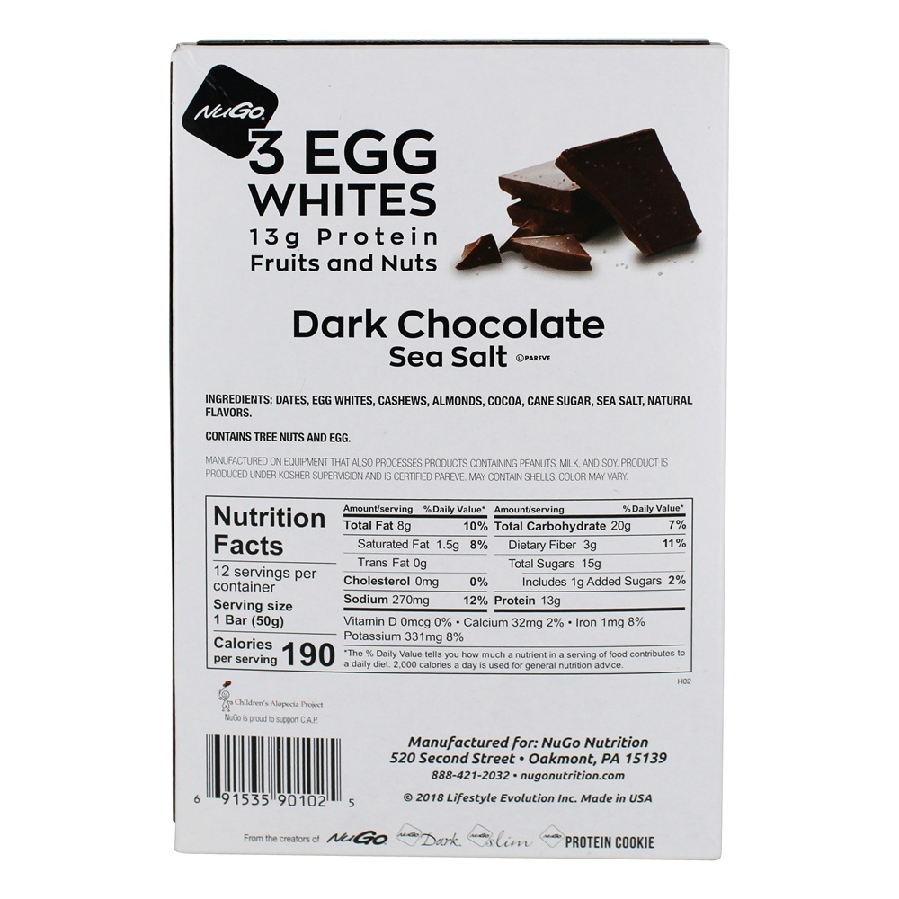Caixa De Barras De Proteína De Ovo Branco Mar De Chocolate Escuro Sal - 12 Barras NuGo Nutrition - Imagem 2
