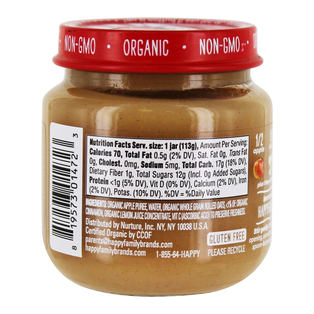 Bebê Feliz Orgânico Estágio Claramente Preparado 2 Comida Para Bebê 6 + Meses Maçãs, Aveia e Canela - 4 oz. Happy Family - Imagem 2