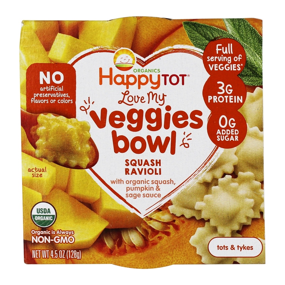 Feliz Tot Tots orgânicos & Tykes Love My Veggies Bowl Squash Ravioli - 4.5 oz. Happy Family