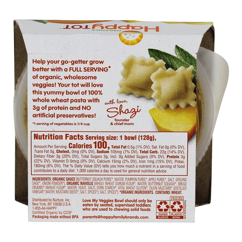 Feliz Tot Tots orgânicos & Tykes Love My Veggies Bowl Squash Ravioli - 4.5 oz. Happy Family - Imagem 2