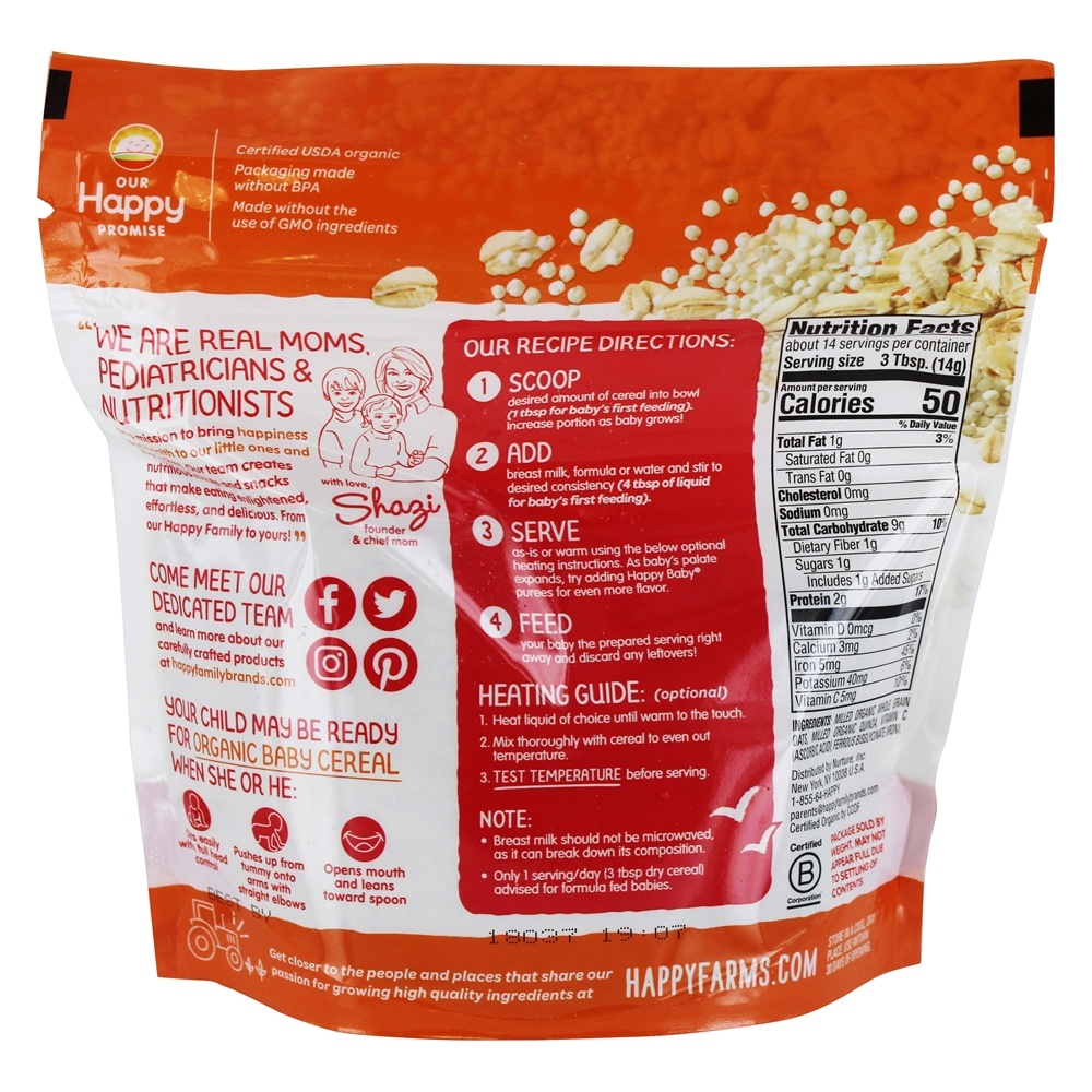 Feliz Bebê Orgânico Claramente Crafted Bebê Cereal Aveia & Quinoa Com Ferro - 7 oz. Happy Family - Imagem 2