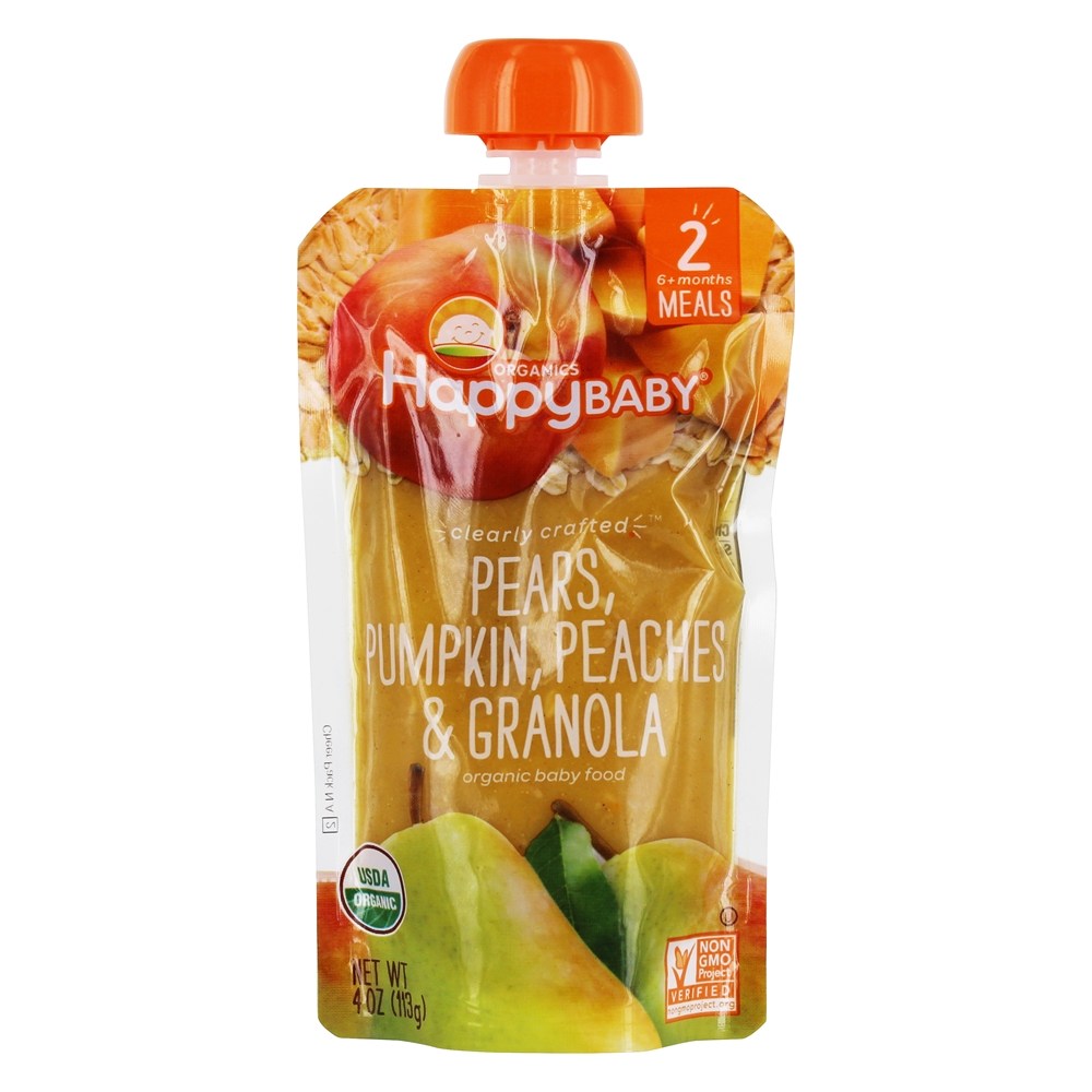 Bebê Feliz Orgânico Estágio Claramente Preparado 2 Comida para Bebês 6 + Meses Peras, Abóbora, Pêssegos e Granola - 4 oz. Happy Family