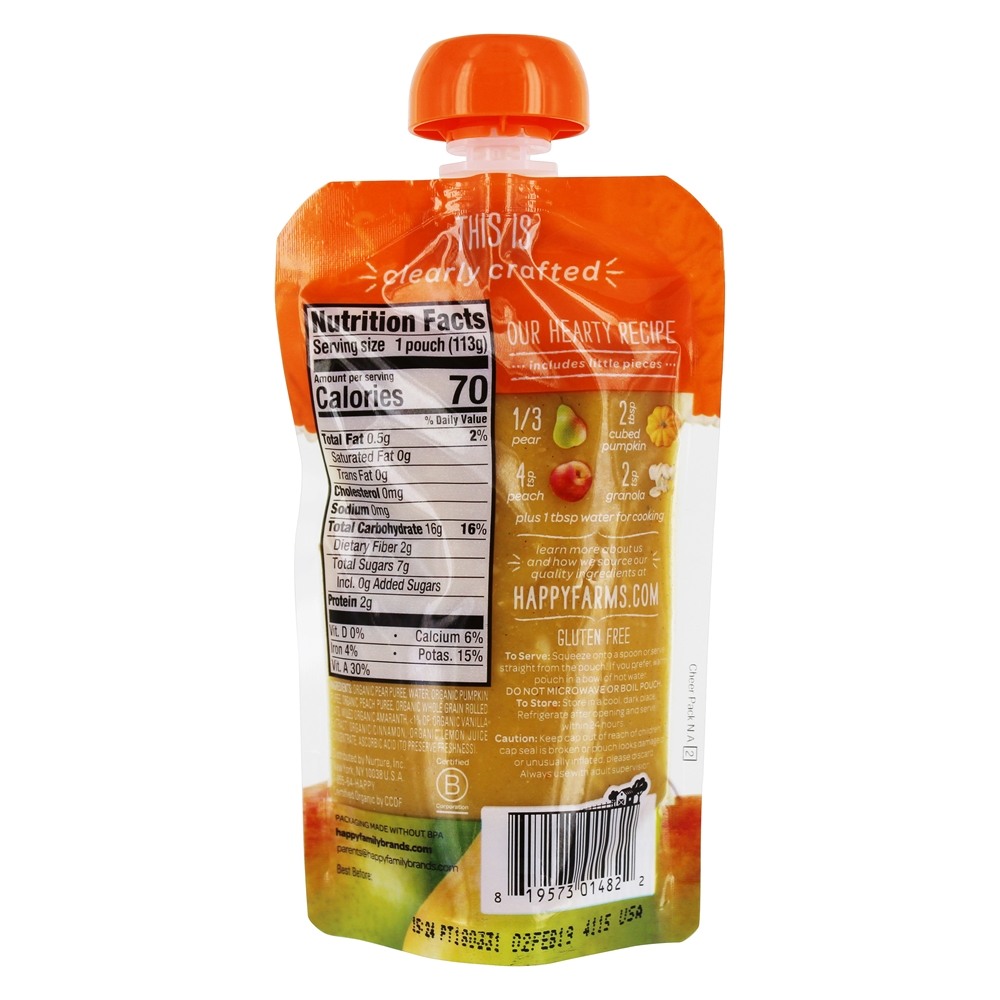 Bebê Feliz Orgânico Estágio Claramente Preparado 2 Comida para Bebês 6 + Meses Peras, Abóbora, Pêssegos e Granola - 4 oz. Happy Family - Imagem 2