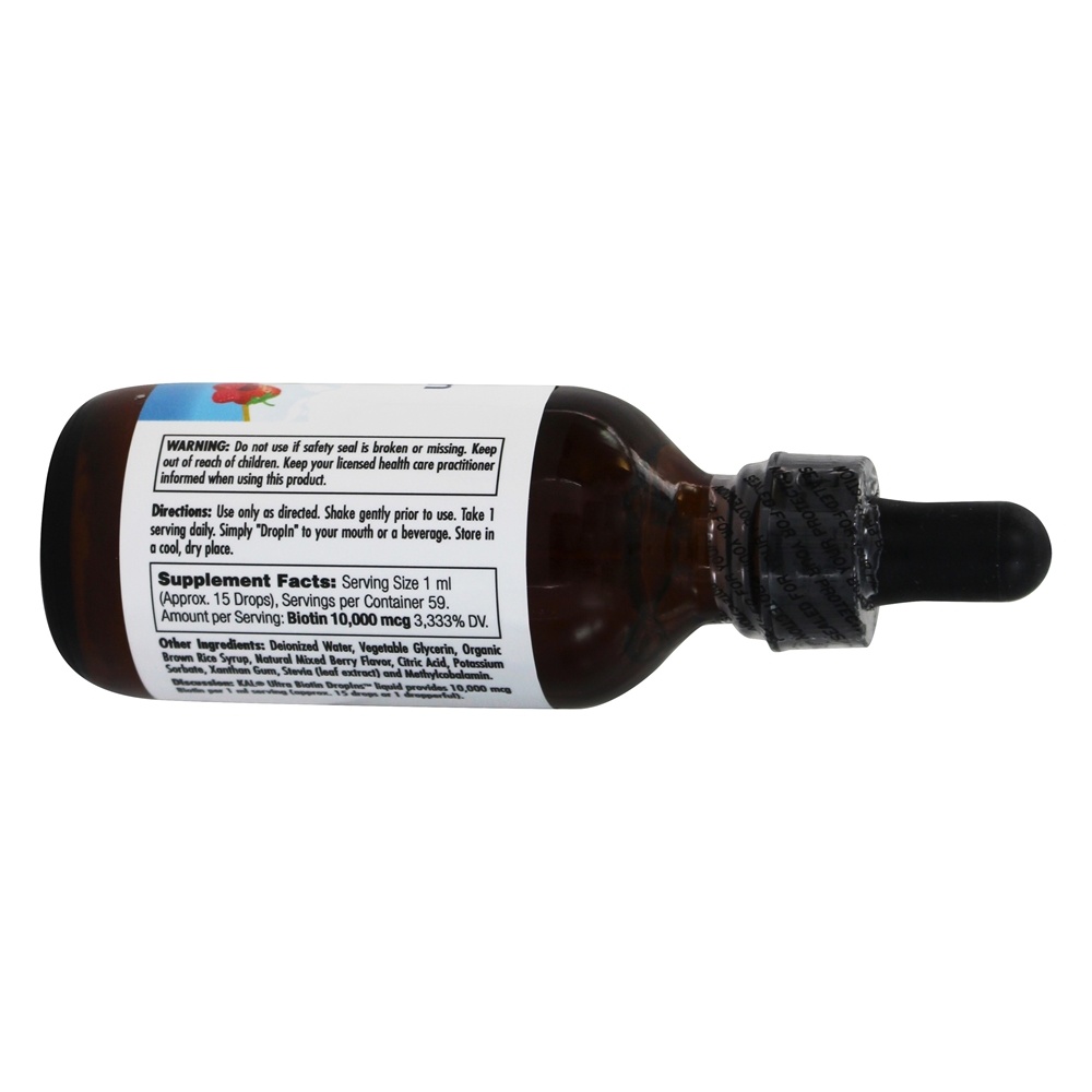 Ultra Biotin Drop Ins Cabelo, Pele e unhas Fórmula Berry Flavor 10000 mcg. - 2 fl. oz. Kal - Imagem 2
