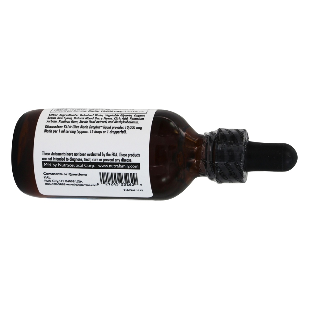 Ultra Biotin Drop Ins Cabelo, Pele e unhas Fórmula Berry Flavor 10000 mcg. - 2 fl. oz. Kal - Imagem 3