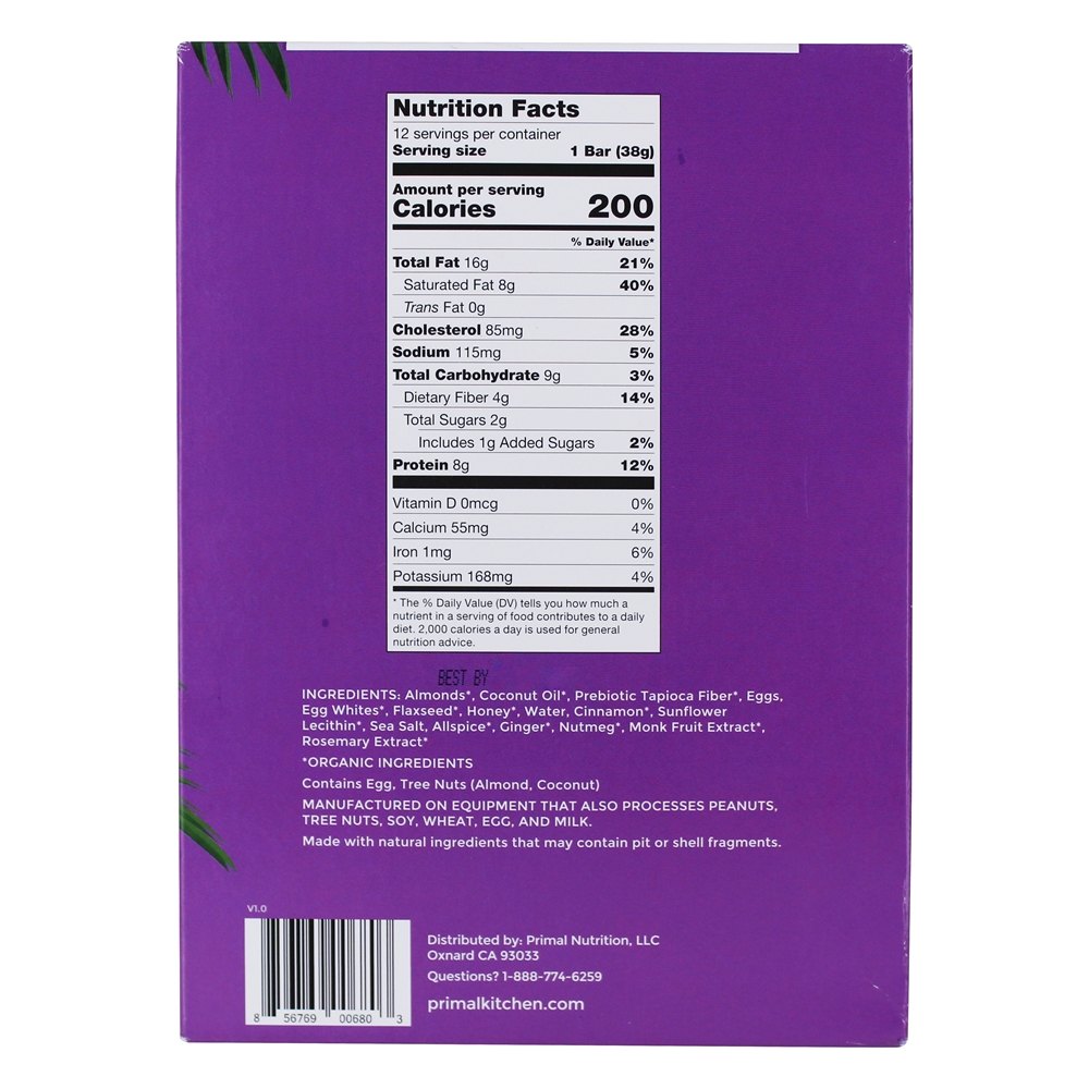 Caixa de Barras de Proteína Keto Amigável Amêndoa Especiarias - 12 Barras Primal Kitchen - Imagem 2