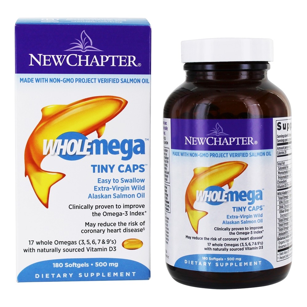 Tampas minúsculas de óleo de peixe inteiro Wholemega 500 mg. - 180 Softgels New Chapter