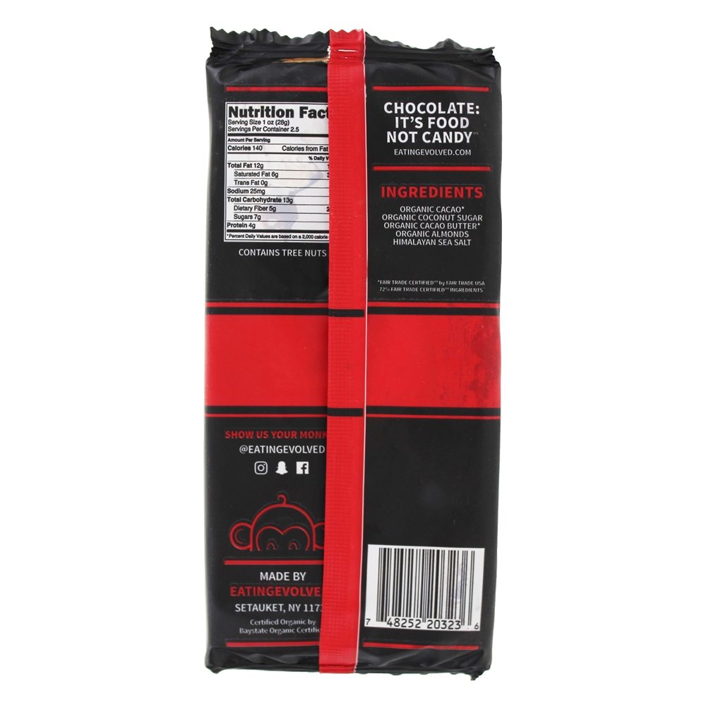 Barra de Chocolate Primordial Orgânica 72 % Cacao Amêndoa Sal Marinho - 2.5 oz. Evolved - Imagem 2