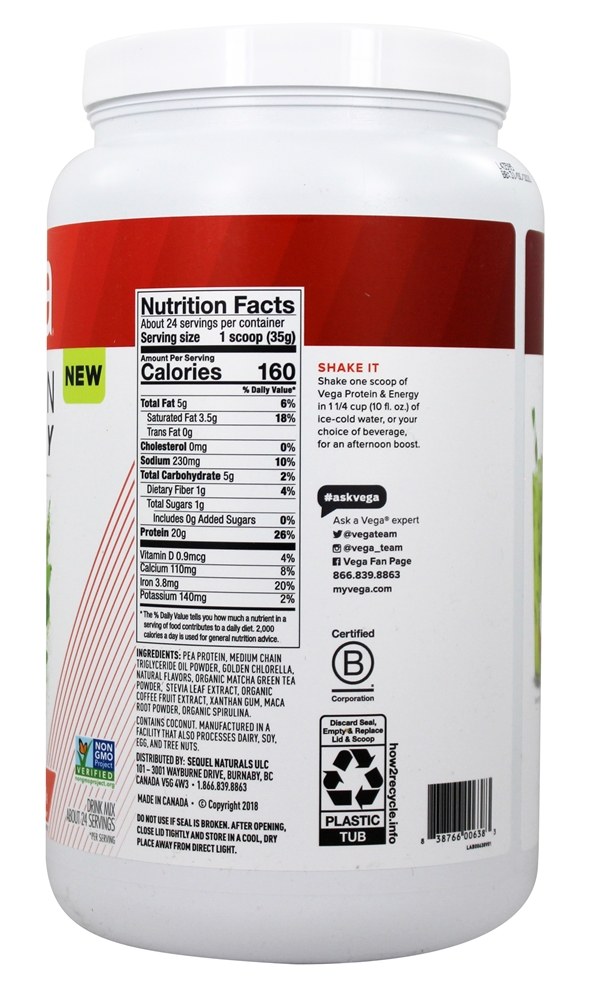 Mistura para Bebida à Base de Plantas com Proteína e Energia Matcha Latte - 29.3 oz. Vega - Imagem 2