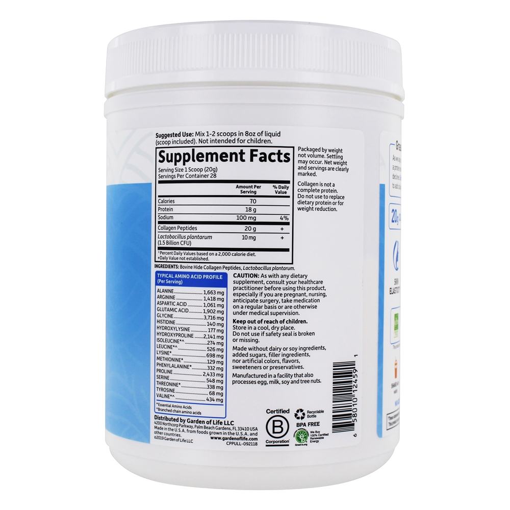 Grama alimentou o pó de Peptides do colagénio Unflavored - 19.75 oz. Garden of Life - Imagem 2