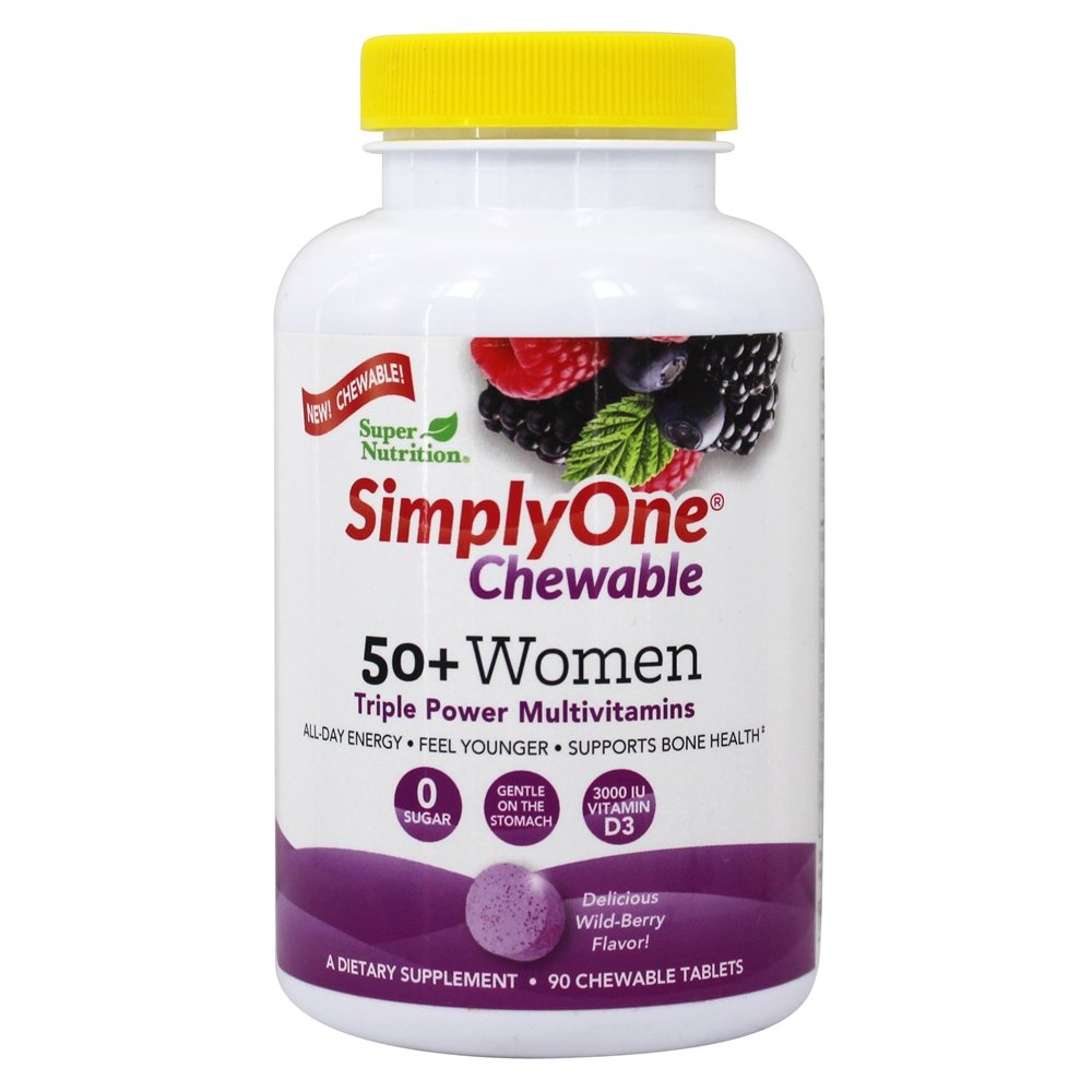 Simplesmente um mastigável 50 + Mulheres Triplo Poder Multivitaminas Wild-Berry - 90 comprimidos mastigáveis Super Nutrition