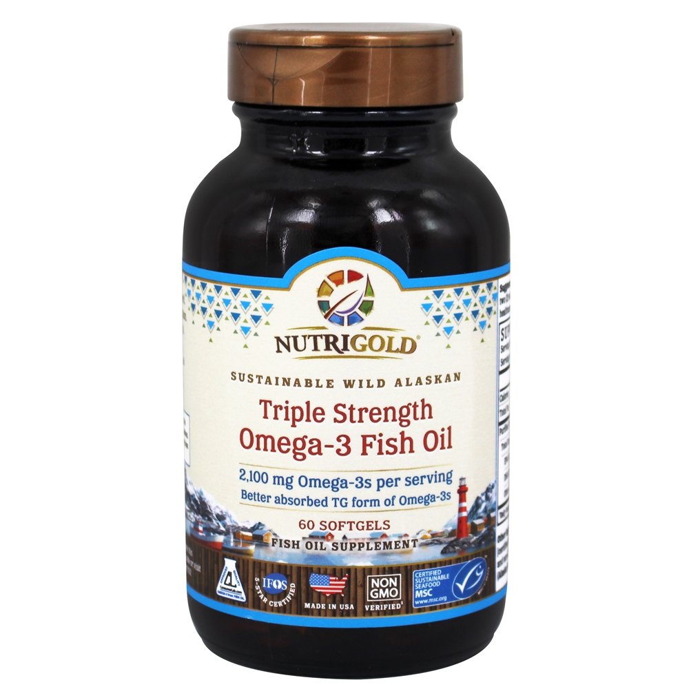 Omega - 3 Óleo de Peixe Selvagem do Alasca Sustentável Tripla Força 2100 mg. - 60 Softgels Nutrigold