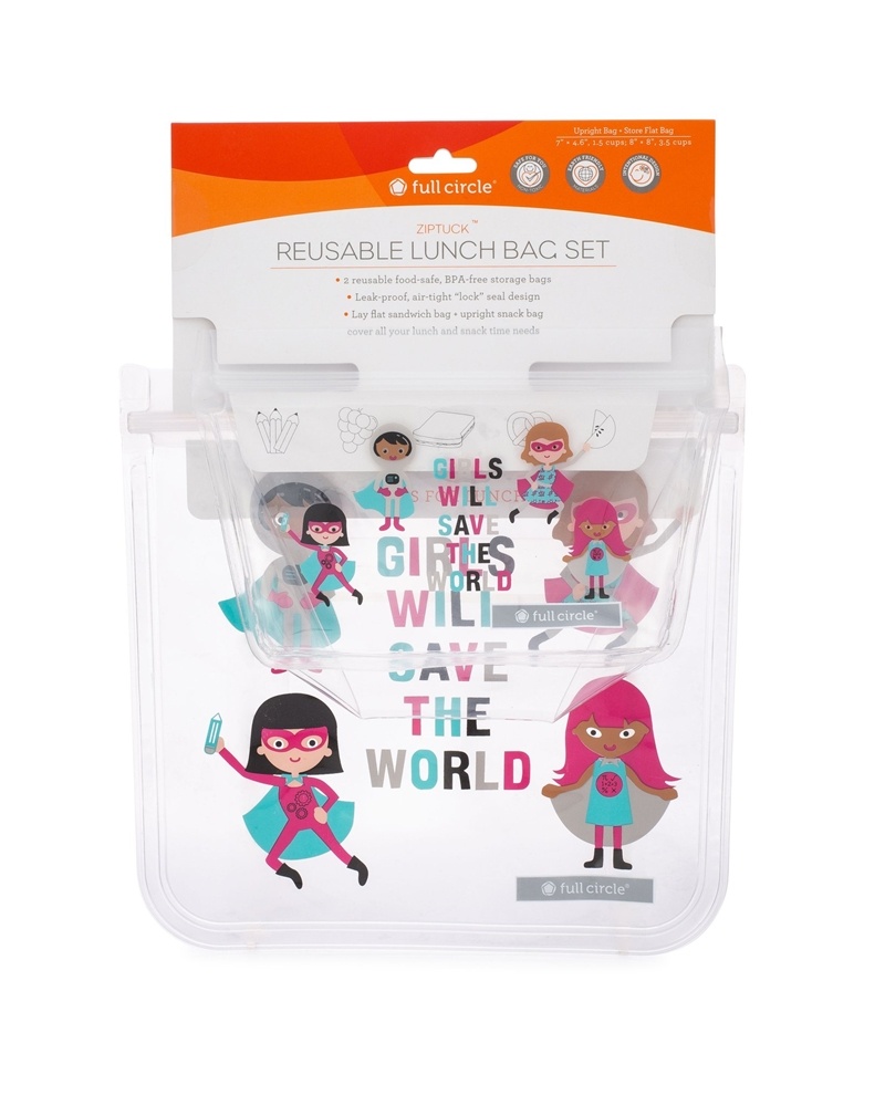 Conjunto de mochilas de almoço reutilizáveis Ziptuck para meninas heróis Full Circle