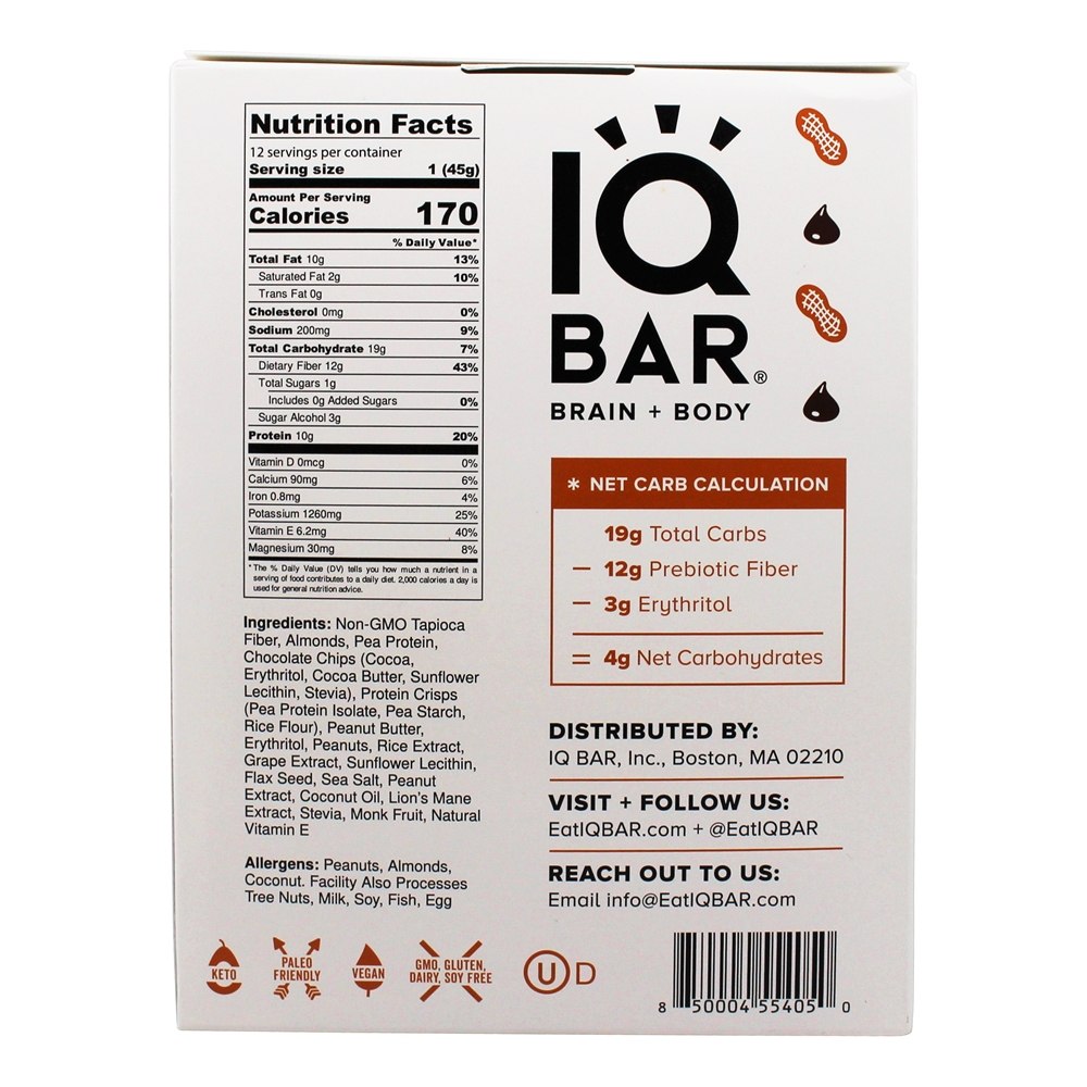 Chip de manteiga de amendoim de caixa de barras de cérebro + corpo - 12 Barras IQ Bar - Imagem 2