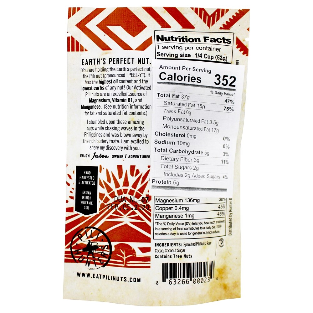 Ativado Pili Nuts Raw Cacao - 1.85 oz. Pili Hunters - Imagem 2