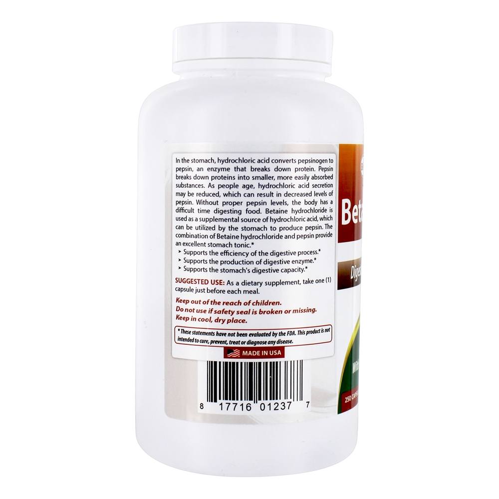 Fórmula da Enzima Digestiva de Betaína HCl 648 mg . - Cápsulas 250 Best Naturals - Imagem 3