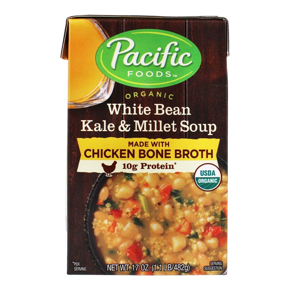 Kale de feijão branco orgânico & Sopa de painço com sopa de caldo de osso de galinha - 17 oz. Pacific Foods