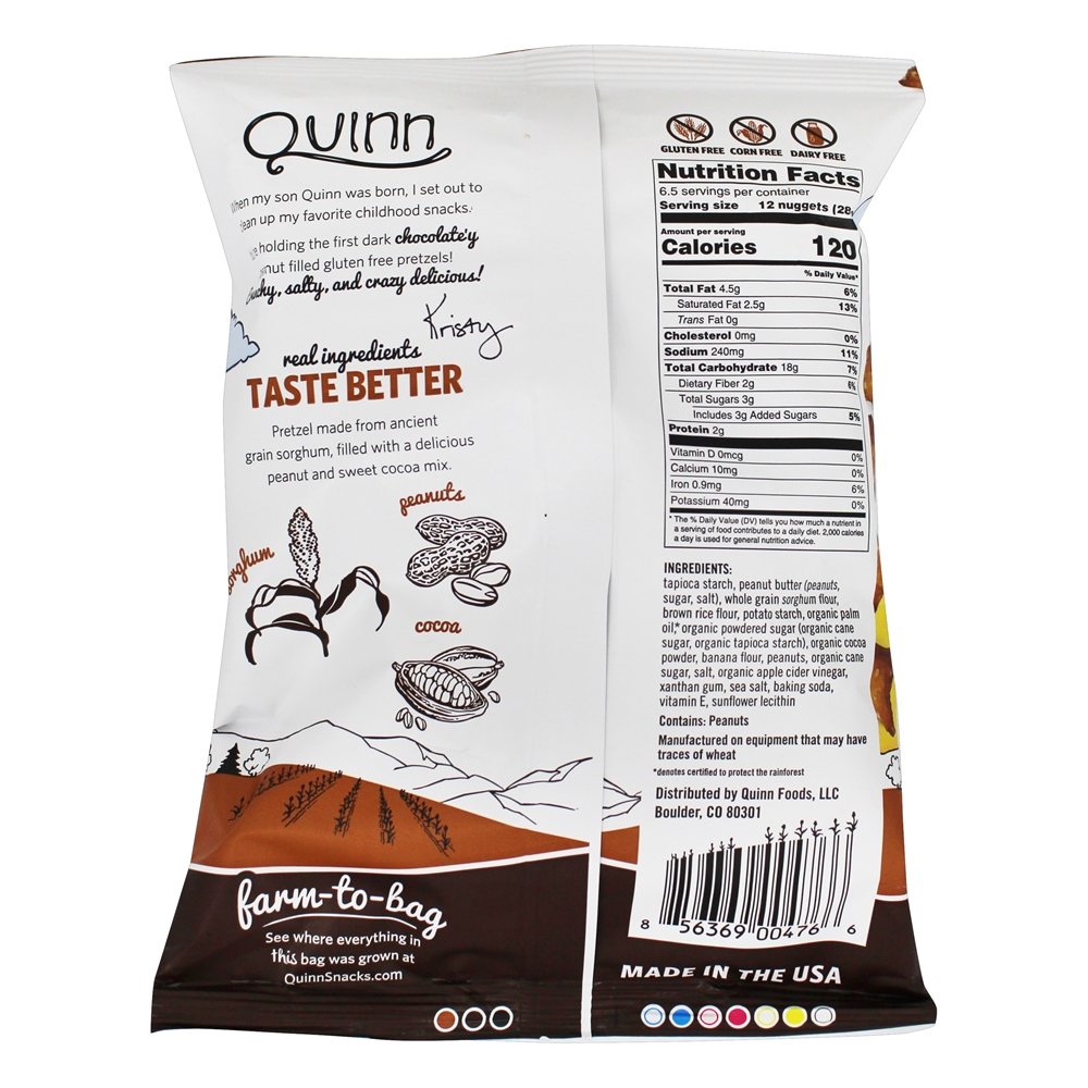 Pretzels sem glúten Chocolate escuro pepitas cheios de amendoim - 6.5 oz. Quinn Snacks - Imagem 2