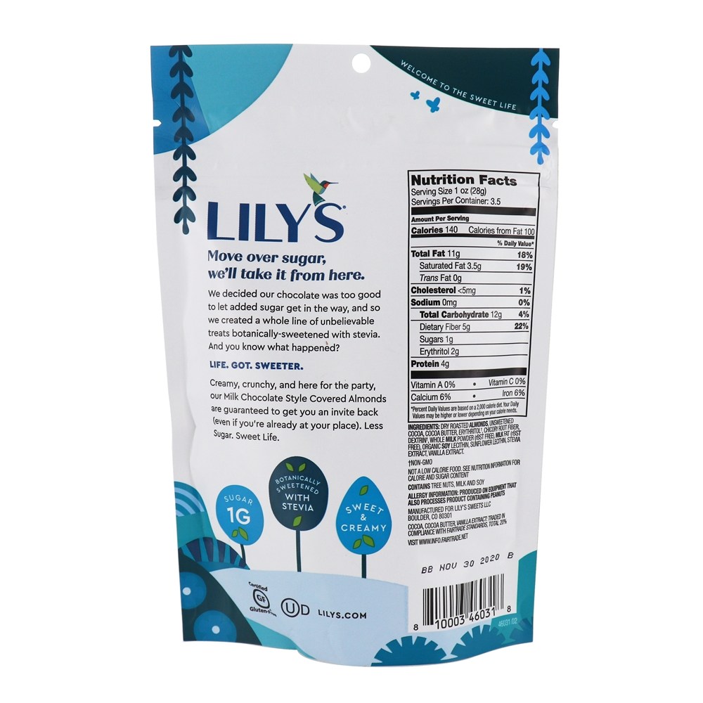 Stevia Sweetened 35 % Amêndoas Cobertas de Chocolate ao Leite de Cacau - 3.5 oz. Lily's - Imagem 2