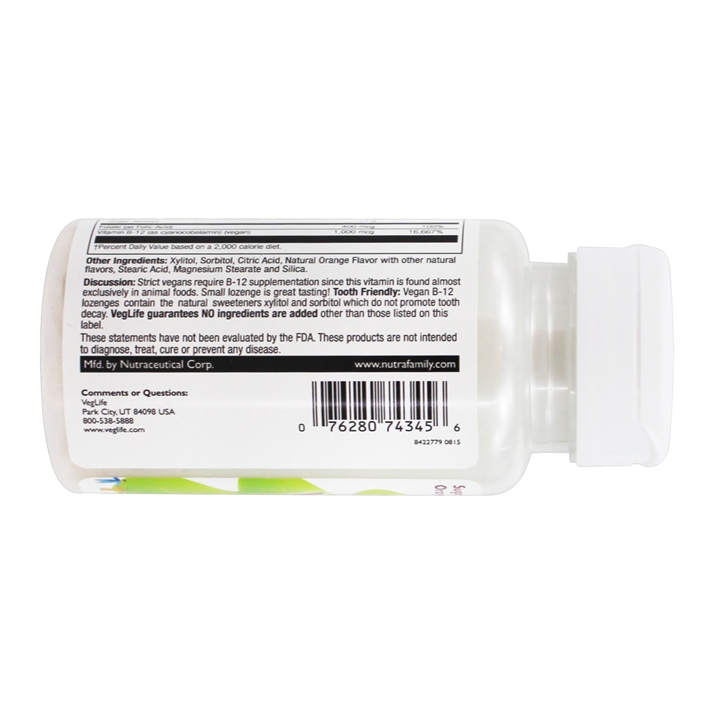 Vegan Vitamina B-12 1000mcg mais Ácido Fólico 400mcg Laranja - 50 Pastilhas VegLife - Imagem 4