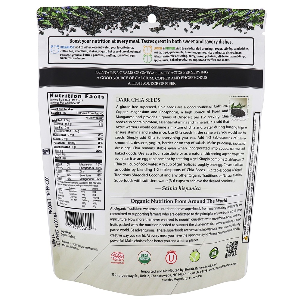 Sementes de Chia escuras - 16 oz. Organic Traditions - Imagem 2
