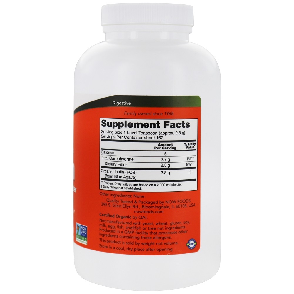 Prebiótico certificado em inulina orgânica Pure Suporte intestinal em pó - 1 lb. NOW Foods - Imagem 2