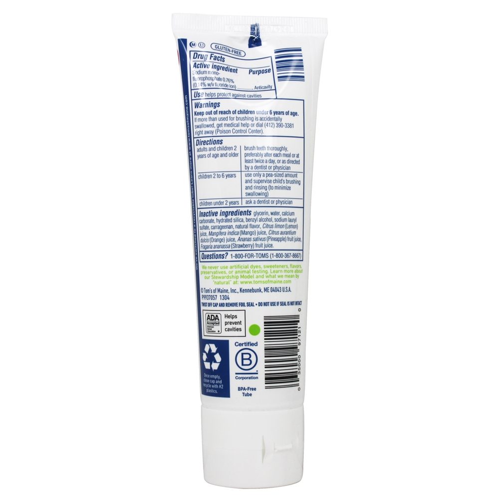 Creme dental com flúor infantil natural manga laranja ultrajante - 5.1 oz. Tom's of Maine - Imagem 2