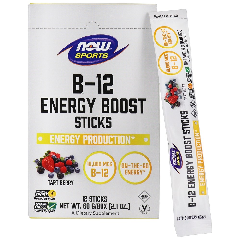 Vitamina B12 Energy Boost em pó Tart Berry - 12 Stick (s) NOW Foods