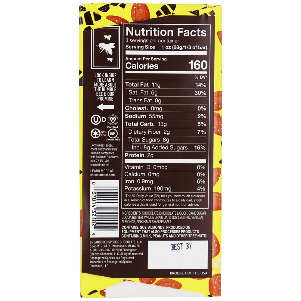 Barra de chocolate escuro 55 % de leite de cacau com aveia, sal marinho e amêndoas - 3 oz. Endangered Species - Imagem 2