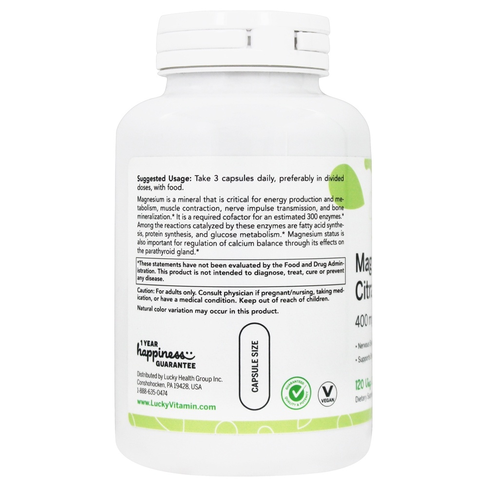 Suporte ao Sistema Nervoso de Citrato de Magnésio 400 mg. - Cápsulas LuckyVitamin 120 LuckyVitamin - Imagem 3