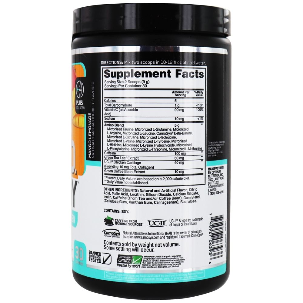AmiN.O Essencial. Energy Powder Plus UC-II Limonada de Manga com Colágeno - 9.5 oz. Optimum Nutrition - Imagem 2