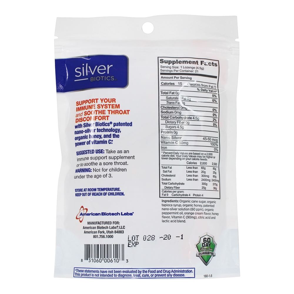 Suporte imunológico da Silver Biotics com vitamina C laranja Splash - 21 Pastilhas American Biotech Labs - Imagem 2