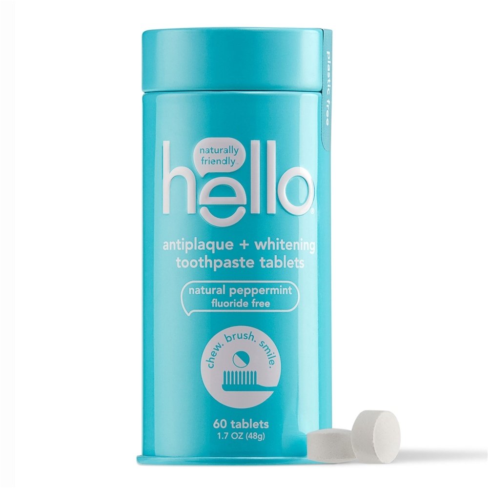 Creme dental antiplaca + clareador sem flúor, pastilha de hortelã-pimenta natural - 60 Tablets Hello Products