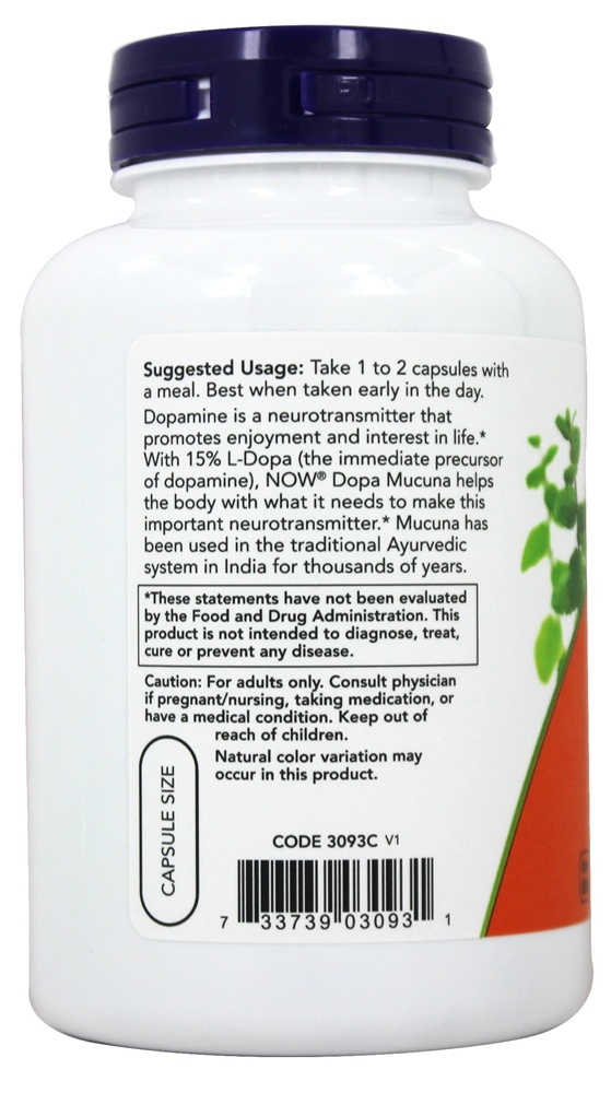 Suporte para Dopa Mucuna Brain - 180 Cápsula (s) vegetal (s) NOW Foods - Imagem 3