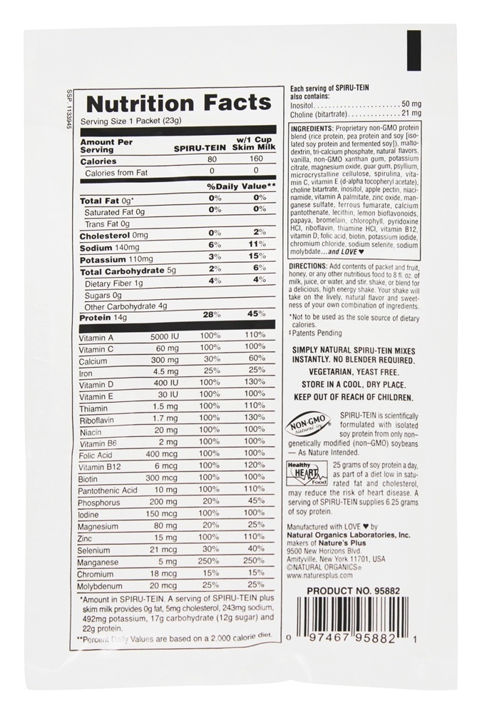 Spiru-Tein Unsweetened Simplesmente Natural Original Baunilha - 1 pacote Natures Plus - Imagem 2
