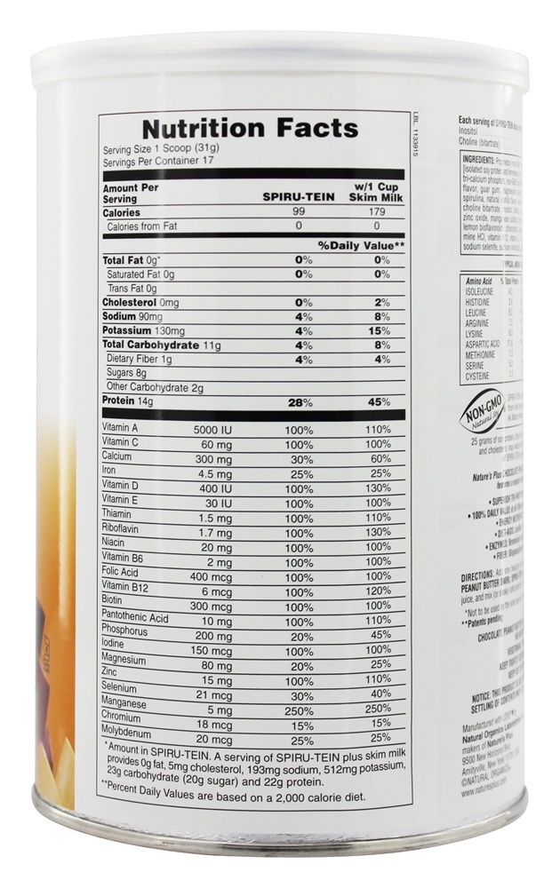 Redemoinho da manteiga de amendoim do chocolate da refeição da proteína da proteína da proteína de Spiru-Tein - 1.2 lbs. Natures Plus - Imagem 2