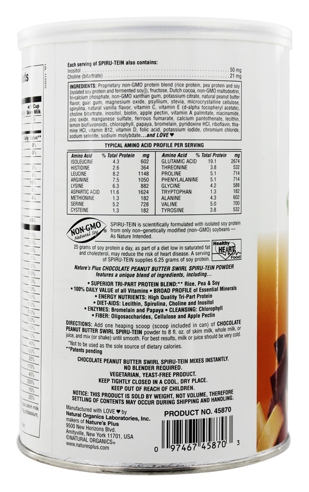 Redemoinho da manteiga de amendoim do chocolate da refeição da proteína da proteína da proteína de Spiru-Tein - 1.2 lbs. Natures Plus - Imagem 3