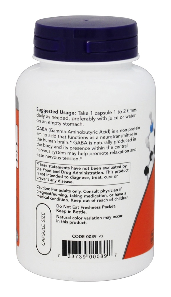 GABA 750 mg. - Cápsulas vegetarianas 100 NOW Foods - Imagem 3