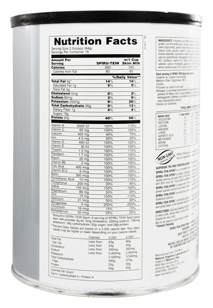 Spiru-Tein Esporte Pico Atuação Proteína Pó Baunilha - 2.3 lbs. Natures Plus - Imagem 2